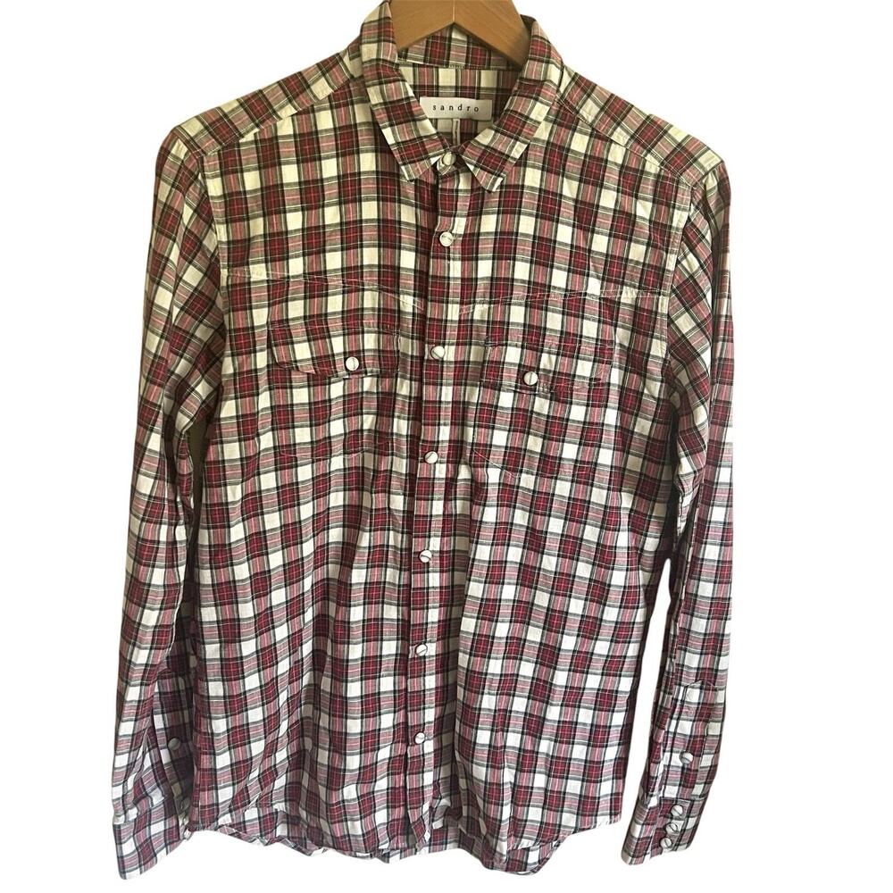 Sandro Paris Western Snap Button Up Shirt Plaid Red White Cotton Mens Medium